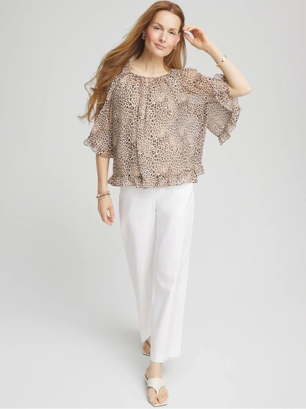 Chico's Leopard Print Ruffle Sleeve Blouse Size M Boho Chic Animal Print Top